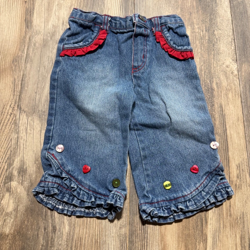 Y2K Starting Out Ruffle Jeans Blue Denim Red Trim Kidcore